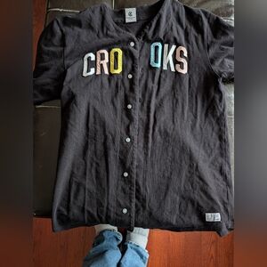 Black Button-Up Shirt with Multicolor 'CROOKS' Embroidered Letters